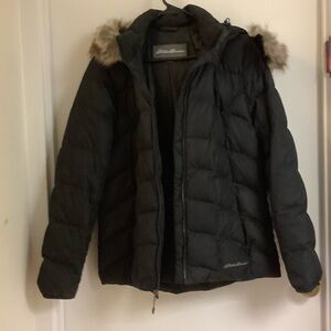 Eddie Bauer Black Puffer Jacket with Fur-edged Hood